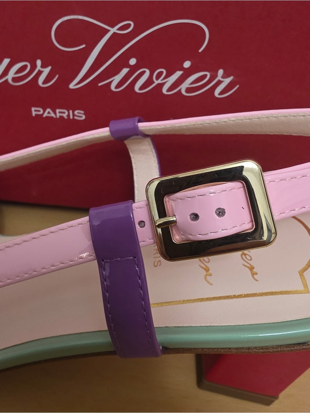 Roger Vivier Pink Orange Patent Slingback Flats with Red Buckle - Picture 9 of 12